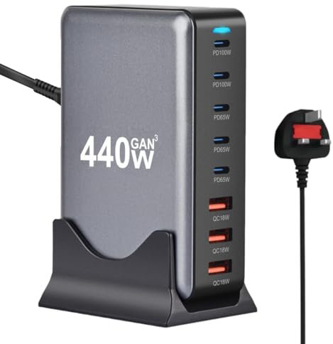 aichilra 440W USB C Fast Charger Block, Upgraded 8 Ports GaN Charging Station Hub, PD Charger Power Adapter for MacBook Pro/Air,DELL,iPhone 16 Pro/15,Galaxy S24/S23,Steam Deck