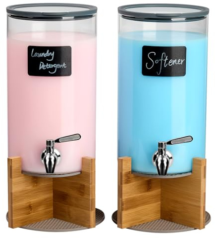 Spreccio Glas-Waschmittelspender mit Halter, 3,5 l Waschflüssigkeitsspender mit Edelstahlhahn, große Glas-Stoffweichspüler-Behälter mit Ständer für Waschküchen-Organisation