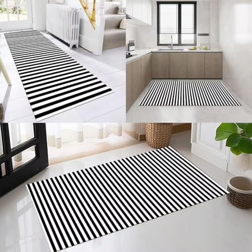 AAKSUS Läufer Flur Küche Waschbar rutschfest 100x150cm Modern Gestreift Schwarz Weiß Lang Küchenteppich Flurteppich Teppich Fur Korridor Wohnzimmer Schlafzimmer Meterware Anpassbar