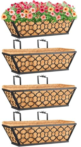 Riare 4 Pack 16 Inch Window Boxes Planters with Coco Liner, Metal Deck Railing Planter Boxes, Balcony Planters Railing Hanging, Horse Trough Window Flower Planter Boxes for Outdoor Porch Fence Patio