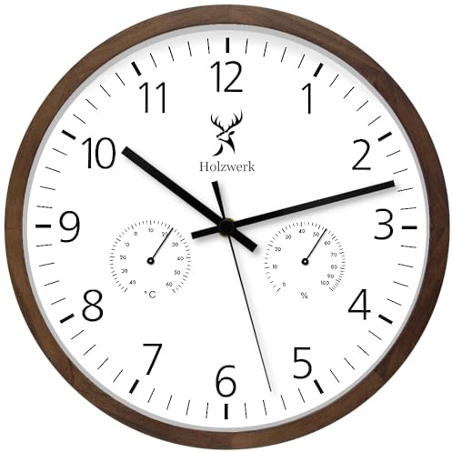 Holzwerk WEGBERG Wanduhr mit Temperaturanzeige und Hygrometer Feuchtigkeitsmesser Holz-Uhr lautloses Uhrwerk ohne Tickgeräusche Braun Buche Weiß lautlos Massivholz Natur Holz 30 cm (.HW.Braun.)
