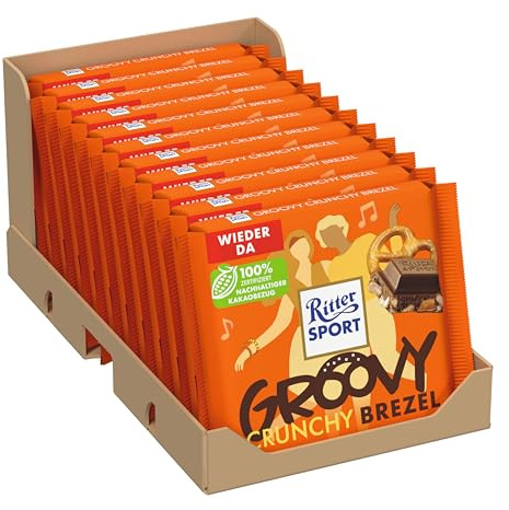 Ritter Sport Crunchy Brezel, Vollmilchschokolade mit knusprigen Brezelstückchen, Schokoladen-Klassiker zum Teilen mit Freunden, 11 x 100g Tafeln