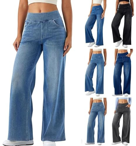 Jeans a Gamba Larga da Donna, Jeans a Gamba Larga Elasticizzati a Vita Alta, Pantaloni in Denim Larghi a Gamba Dritta con Controllo della Pancia e Tasche (Light Blue,L)