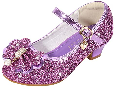 LOIJMK Scarpe da principessa con tacco a spillo con paillettes da principessa per bambini, scarpe per cosplay, feste, carnevale, scarpe da ballo Mary Jane, Lila18, 25 EU