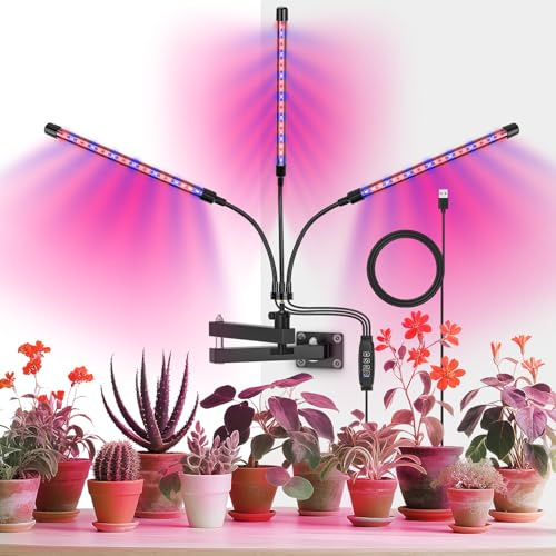 Jubor Lámpara de Planta Pared, 3 Cabezales Luz para Plantas de Espectro Completo con Temporizador, Lámpara de Crecimiento con 3 Modos de Colores y 10 Brillos para Planta