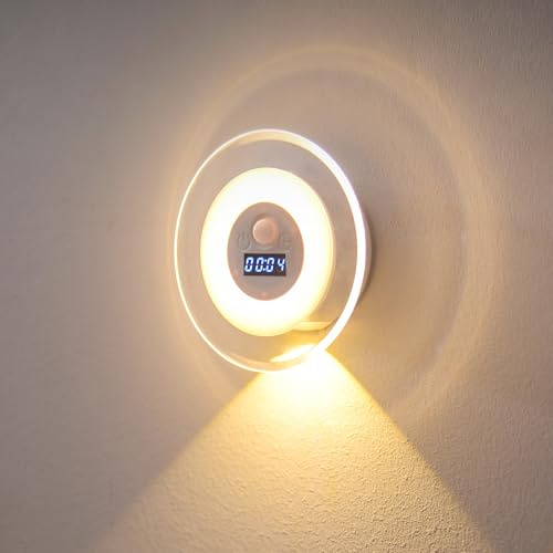 LED Motion Sensor Night Light with Clock Display, Dimmable Tri-Color Stick on Wall Lights, Wireless Rechargeable wall lights, Night Light Movement Sensor Light Indoor for Bathroom Stairway Hallway