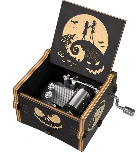 Halloween & Christmas Music Box - Hand Crank Engraved Wooden for Birthday/Anniversary/Christmas - Gothic Vintage Gift for Adults (Wind-Up, Black)