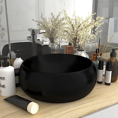 Lavabo da Appoggio Rotondo, Nero Opaco in Ceramica, Design Moderno per Bagno o Lavanderia, Diametro 40 cm, Altezza 15 cm