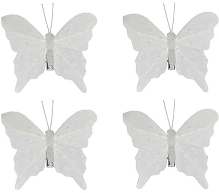 Kaemingk Fjäril med klämma 8 cm – dekorativa fjärilar på klämma – set om 4 – för dekoration och pyssel – julgransprydnad, bröllopsdekoration, vårdekoration – dekorativa klämmor vintervit