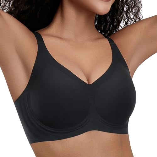PQK Jelly Bra for Women Wireless Push Up Bra Seamless Comfortable T Shirt Bra No Underwire Full Coverage Support and Lift V Neck Everyday Bra Black