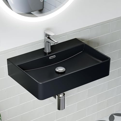 HOROW Waschbecken Schwarz 60 cm Leicht zu Reinigen | Modernes Keramik Hängewaschbecken Waschtisch Bad für Badezimmer, Gäste WC & Garten, leicht zu reinigen
