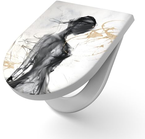 DEQORI Abattant de WC avec motif « Ombres dorées » - Abattant de WC en Duroplast blanc - Format 36,4 x 45,4 cm - Lunette de toilette antibactérienne en forme de D avec couvercle - Facile d'entretien