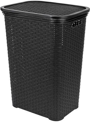 HRB Wäschekorb mit Deckel Rattan 65 Liter, Wäscheaufbewahrung aus Kunststoff, Wäsche Sortierer (Schwarz)