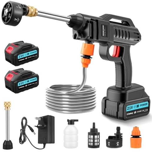 Bellanny Nettoyeur Haute Pression sans Fil 100Bar 270L/H Pressure Washer | 21V Pistolet Portable avec 2*3Ah Batteries, 6 en 1 Buse,5m Tuyau,Mousse, Pistolet de lavage Mobile pour Voitures Sol Terrasse