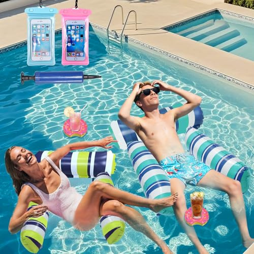 Hamaca de Agua Flotante,Colchoneta Piscina Adultos,Piscina Flotadores,4 -En- 1 Tumbona Hinchable,Piscina Hamaca |1 Incluye Bomba-2 Impermeables para Teléfono-2anillo de natación