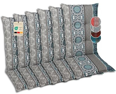 GO-DE Textil Bequeme und attraktive Polsterauflagen für Hochlehner-Gartenstühle (6er-Set, Ornamentstreifen blau, Hochlehner)