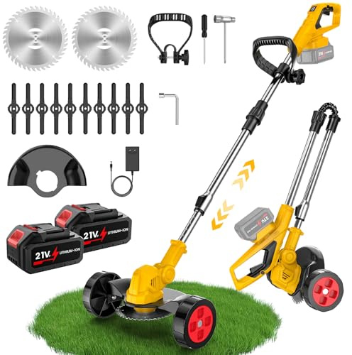 OAUEOR Tagliabordi a Batteria 3-in-1 & Decespugliatore a Batteria | 500W, 2x3000mAh, LED, 12 Lame, Testa 90°, Compatibile Makita, Manico Telescopico Regolabile, Cura del Giardino e Diserbo