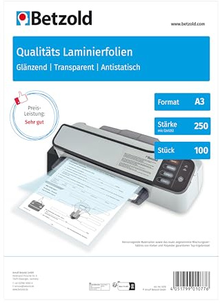 Betzold Laminierfolien DIN A3 | 100 Stück, Laminiertaschen, reiß- und wasserfest, Bürobedarf