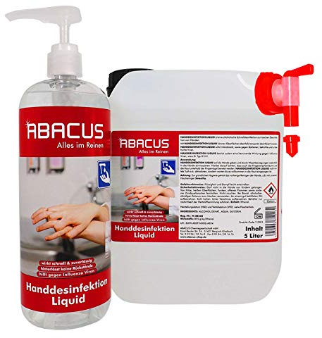 ABACUS® Handdesinfektion Liquid Zubehör & Nachfüll-Set - 1x 5 Liter Desinfektionsmittel flüssig + 1x 1000 ml Handdesinfektionsmittel Auslaufhahn Reduzierspitze Dosierpumpe (sku-7548)
