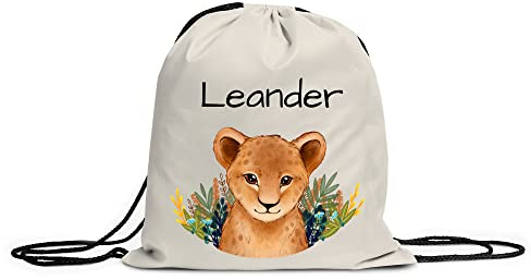 LOOXIS Personalisierter Turnbeutel für Kinder mit Namen & Motiv bedruckt – Kordelzug, Leinenhaptik – Geschenkidee Jungen, Mädchen, Einschulung, Sport, Spielzeugsack, Wechselkleidung – Löwe