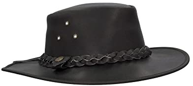 Walker and Hawkes Leather Cowhide Outback Braided Traveller Hat, Unisex Western Style, Durable Outdoor Sun Protection, Black - X-Large