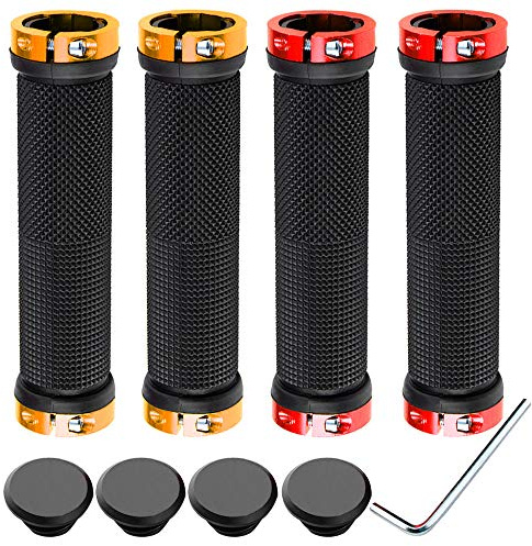 QitinDasen 2 Pares Premium Puños Bicicleta, Puños Manillar Antideslizante Ergonomicos, Empuñadura BMX, Puños MTB, Protector Manillar Bicicleta, para Mango de Diámetro 22mm (Rojo + Dorado)