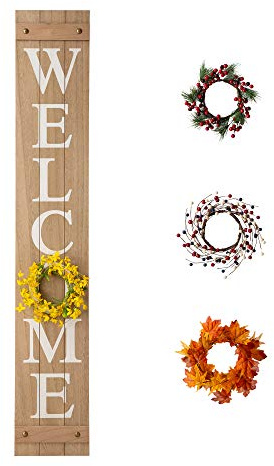 Glitzhome Spring Winter Welcome Sign for Front Porch, 60 Natural Wooden Sign with 4 Interchangeable Seasonal Wreaths for Outdoor Door Decorations, Farmhouse Porch Decor