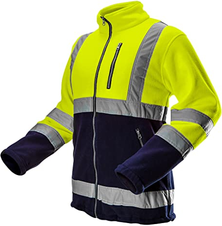 NEO TOOLS Herren Warnschutz-Arbeitsjacke, Stehkragen, langarm, Obermaterial Fleece 280 g/m2 aus 100% Polyester, mit reflektierenden Streifen, Größe:M, gelb