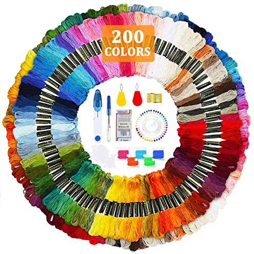 JOTOL Stickgarn,200 Farben Kreuzstich Fäden+Werkzeuge,Embroidery Threads Regenbogenfarbe,Wird für Kreuzstichfaden,Armbandfaden,Basteltwist,Kunsthandwerksdrehfaden