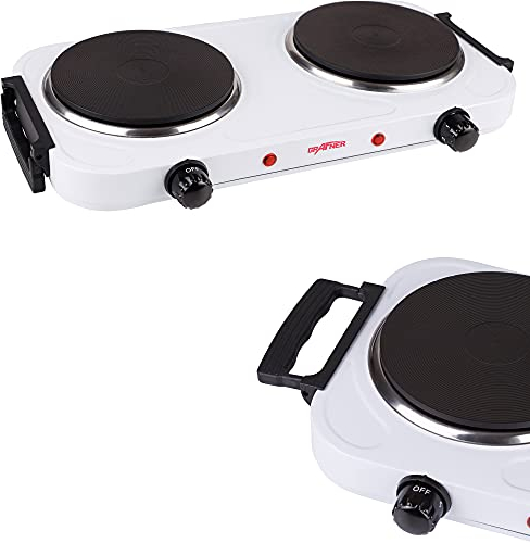 Grafner Kochplatte doppelt mit klappbaren Griffen, 2000 Watt, 2 Massekochfelder mit je Ø 155 mm, stufenlose Temperatureinstellung, Farbe nach Wunsch: schwarz oder weiß, Kochfeld Herdplatte doppel