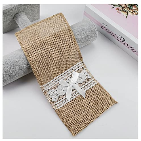 Egurs 10 Stück Jute Bestecktasche mit Spitze Hochzeitsdeko Sackleinen Besteckhalter Vintage Tischdeko Messer und Gabeln Besteckbeutel für Hochzeit Geburtstag Party Weihnachten 22 x 11 cm 5#