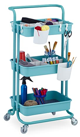Relaxdays Rollwagen, 3 Etagen, Allzweckwagen, Hobby, Büro, Bad, Küchenwagen HBT 86x43x42 cm, Metall & Kunststoff, türkis, 10042509