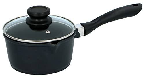 Cacerola de inducción con tapa de vidrio Revestimiento de teflón Cacerola de aluminio fundido para verter labio Leche Pan Sopa Té Olla de cocina Apto para todas las estufas, Negro, 1.3LTR, 16cm