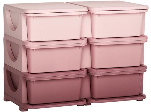 HOMCOM 6 Drawers Plastic Kids Storage Units, 3 Tier Children Toy Chest for Nursery, Playroom, Bedroom, Pink