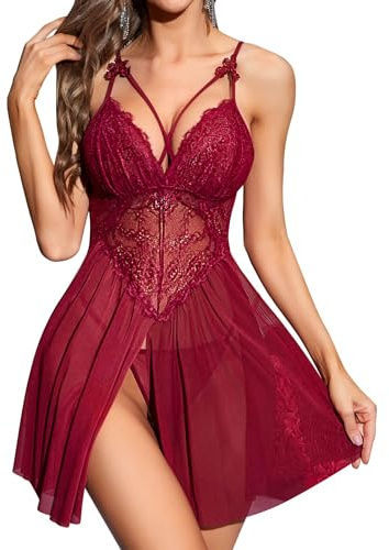 RSLOVE Damunderkläder, sexig outfit, delad babydoll, sexiga kvinnounderkläder, rödvin, XXL