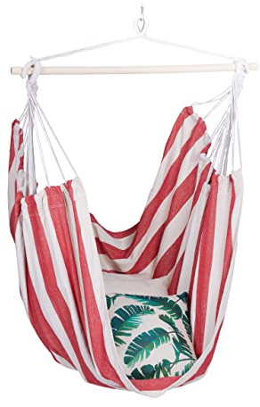 Relaxdays Silla Colgante, Algodón, Sillón Suspendido Exterior/Interior, 150 kg, Asiento Niños y Adultos, Rojo/Blanco