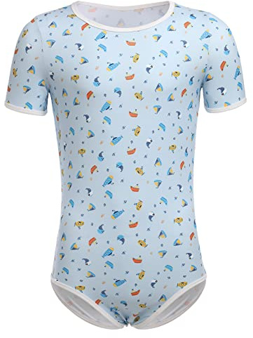 ABDL Body Männer Herren Overall Bodysuit Kurzarm T-Shirt Unterhemd Ouvert Body Sportbody Druckknöpfe im Schritt Karikatur Gedruckt Einteiler Jumpsuit Playsuit Unterwäsche Nachthemd Blau Segelboot L