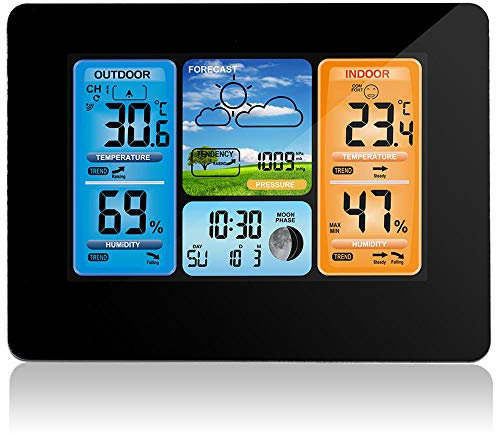 ATAAY Estaciones meteorológicas inalámbricas para Interiores y Exteriores con Alerta y Temperatura/Humedad/barométrica/pronóstico/Fase Lunar/Reloj Despertador, estación meteorológica Digital LCD c