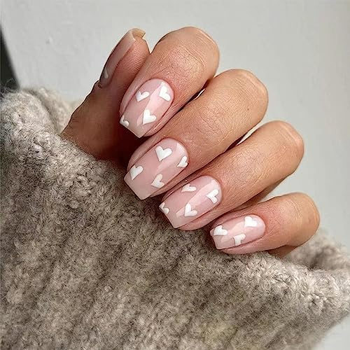 24pcs Short Square False Nails White Heart Stick on Nails Nude Pink Press on Nail Removable Acrylic Full Cover Glue on Fake Nail Art Accessories for Women