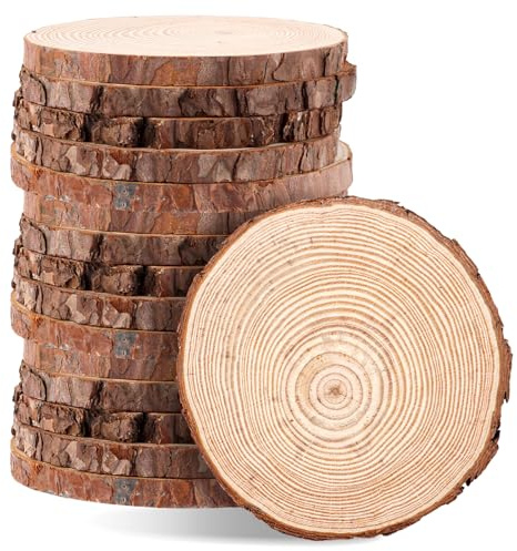 FWEEK 15 Stücke Holzscheiben 10-12cm, Holz Log Scheiben 10mm dick Runde Naturholz Baumscheibe, Unvollendete Holzkreise Ungebohrte Holzkreise für DIY Handwerk Hochzeit Weihnachtsdekoration Baumscheibe