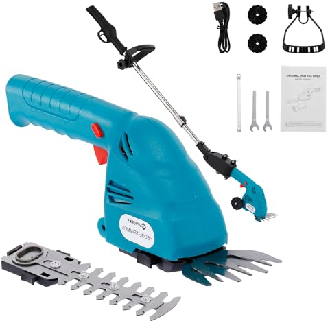 Geevorks Tagliaerba Elettrico 7.4V,Tagliabordi a Batteria 2*2Ah,Larghezza di Taglio 90mm,Lunghezza di Taglio 155mm,con 2 Lame,Asta di Estensione Retrattile e Ruota,Adatto per Giardino e Patio Potatura