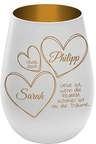 Windlicht mit Gravur ''In Liebe vereint'' - Weiß/Gold - Glas Teelichthalter personalisierbar mit Wunschtext - Geschenk zu Valentinstag Hochzeit Verlobung Jahrestag