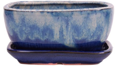 Bonsai - Schale eckig 16.5 x 13 x 7.5 cm, hellblau/blau, mit Untersetzer 23183