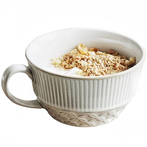 Dowbom BL-SP-012 Suppentasse mit Griff, Mikrowellen-Suppenschüssel, Keramik-Suppentasse, Frühstücksschale, Bouillon-Tasse (weiß, 500 ml), BL-SP-012