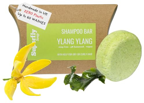 Solid Shampoo Bars for Dry Hair, UK Made - Ylang Ylang Scented Shampoo Bar with Kelp for dry and curly hair. SLS and Soap Free. 99% natural. Plastic free and vegan. Handmade Eco Shampoo Bar.