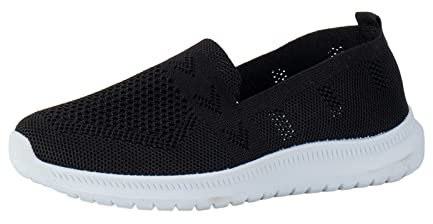 Modische Damen-Sportschuhe, atmungsaktiv, einfarbig, gestrickt, Mesh, flach, lässig, Wassergymnastik-Schuh, Schwarz , 37.5 EU