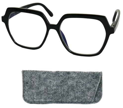 Mini Brille - Lunettes de Lecture Vintage Hexagonale Grande, Boite Inclus, Oversize Monture en Plastique (Noir), Lunette Loupe Femme + 2.0 Dioptrie