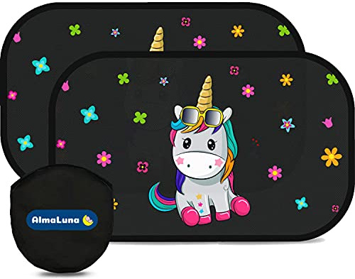 AlmaLuna | Tendine Parasole Auto Bambini - Protezione Solare 99% Dai Raggi UV - 2 Pezzi 51x31 cm 80g/m2 - Accessori Macchina Per Interno Tende Oscuranti - Design Neonati E Bimbi (Unicorno)