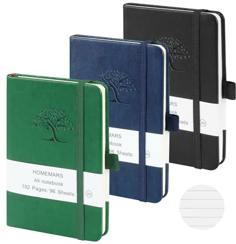 HOMEMARS Anteckningsblock a6, 3 stycken anteckningsböcker, 14,4 cm x 9,6 cm anteckningsblock, svart, grön, blå, 192 sidor, anteckningsbok, anteckningsbok, liten, anteckningsbok läder, linjerad,