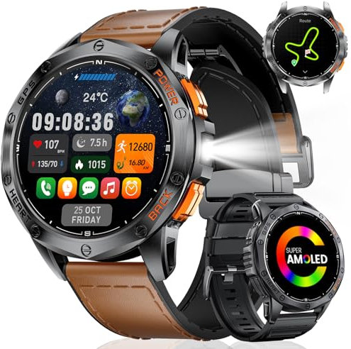 Orologio GPS da uomo con torcia a LED, display Amoled da 1,43, con batteria da 530 mAh, impermeabile, 10 ATM, modalità sportive, frequenza cardiaca/contapassi, altimetro, bussola per iOS/Android